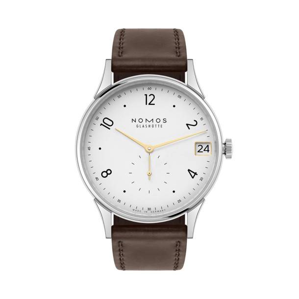         Damen- und Herrenuhr, Handaufzug, NOMOS Glashütte Minimatik 39 Datum Gold